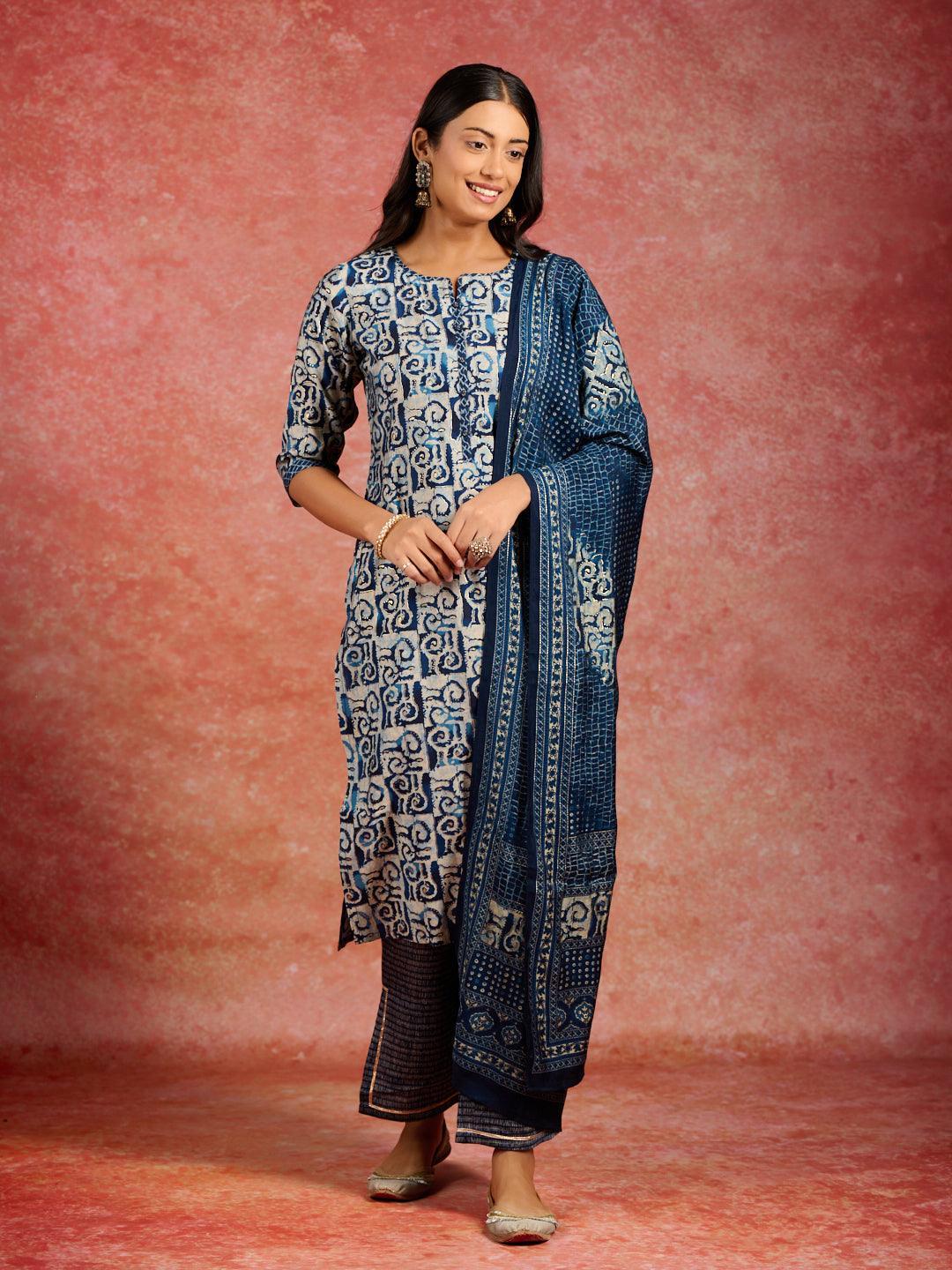 Blue Printed Silk Blend Straight Suit With Dupatta