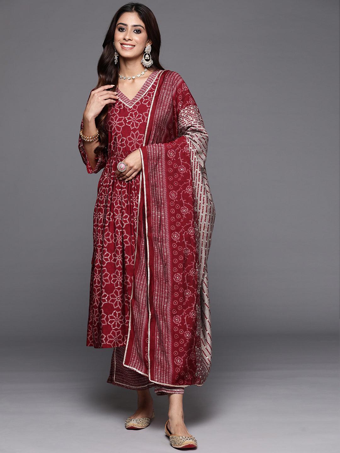 Maroon Printed Silk Blend A-Line Kurta With Trousers & Dupatta - ShopLibas