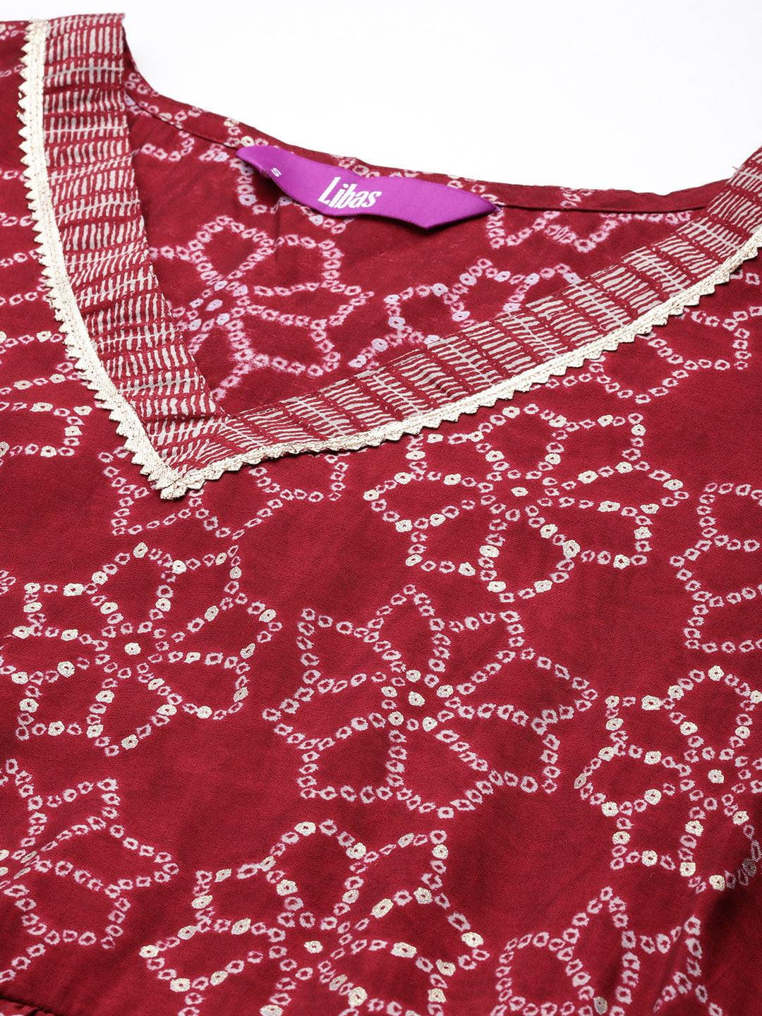 Maroon Printed Silk Blend A-Line Kurta With Trousers & Dupatta - ShopLibas