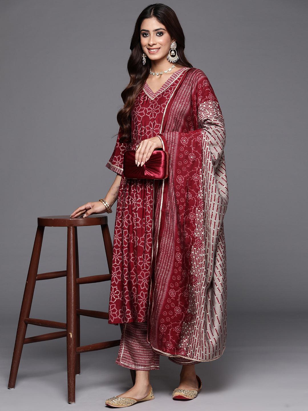 Maroon Printed Silk Blend A-Line Kurta With Trousers & Dupatta - ShopLibas