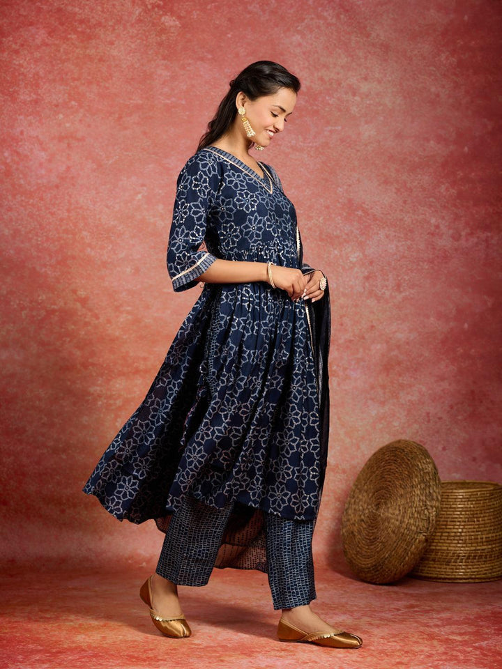 Blue Printed Silk Blend A-Line Kurta With Trousers & Dupatta - ShopLibas