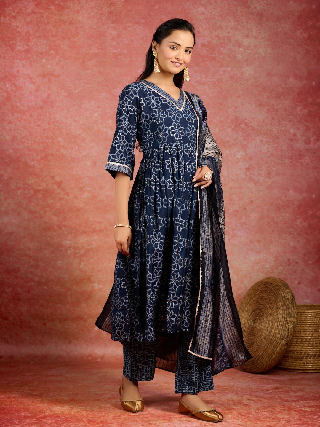 Blue Printed Silk Blend A-Line Kurta With Trousers & Dupatta