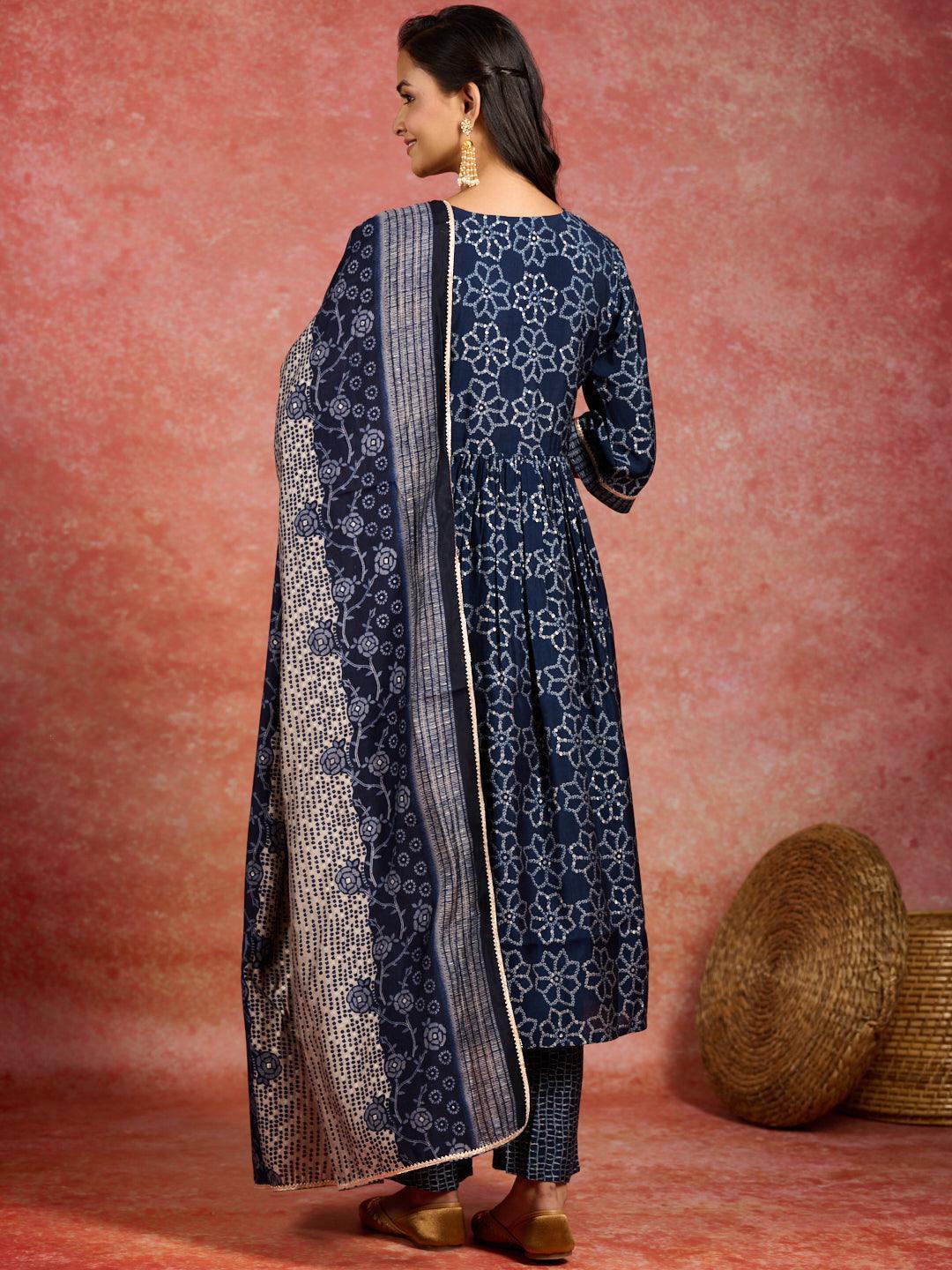 Blue Printed Silk Blend A-Line Kurta With Trousers & Dupatta