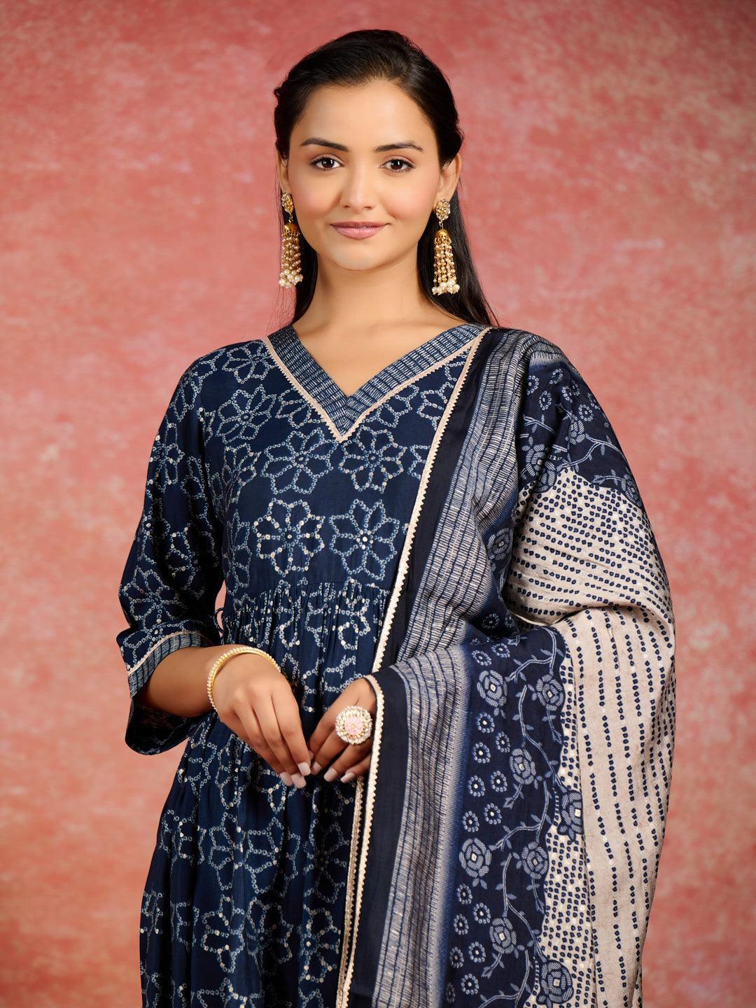 Blue Printed Silk Blend A-Line Kurta With Trousers & Dupatta