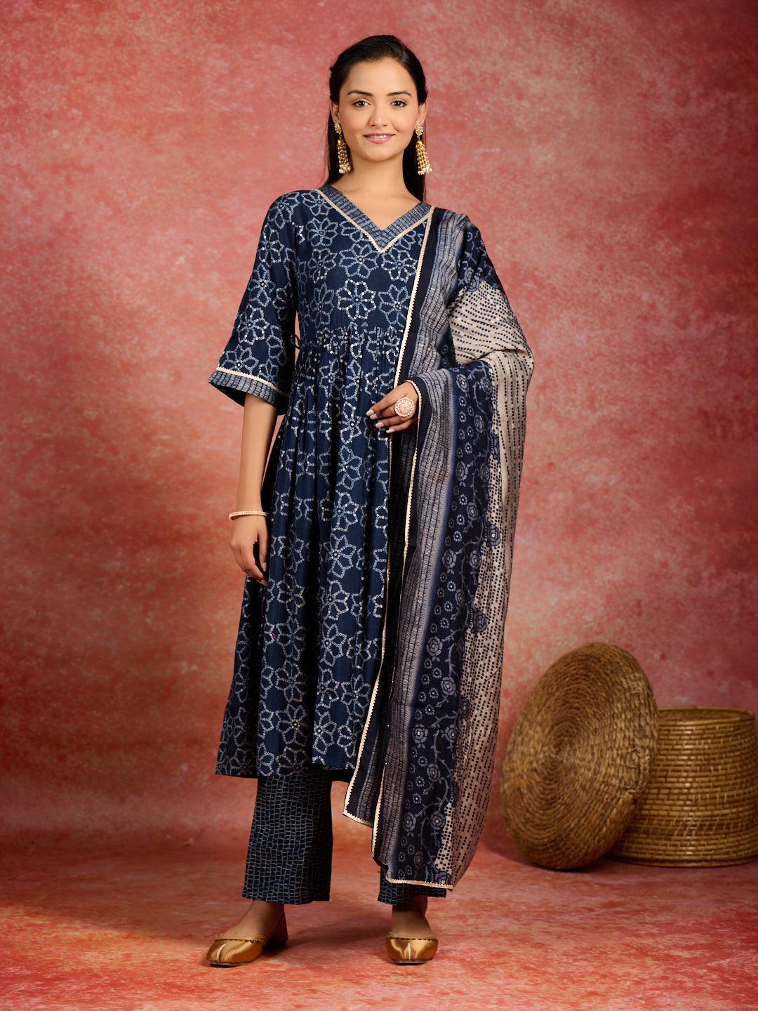 Blue Printed Silk Blend A-Line Kurta With Trousers & Dupatta