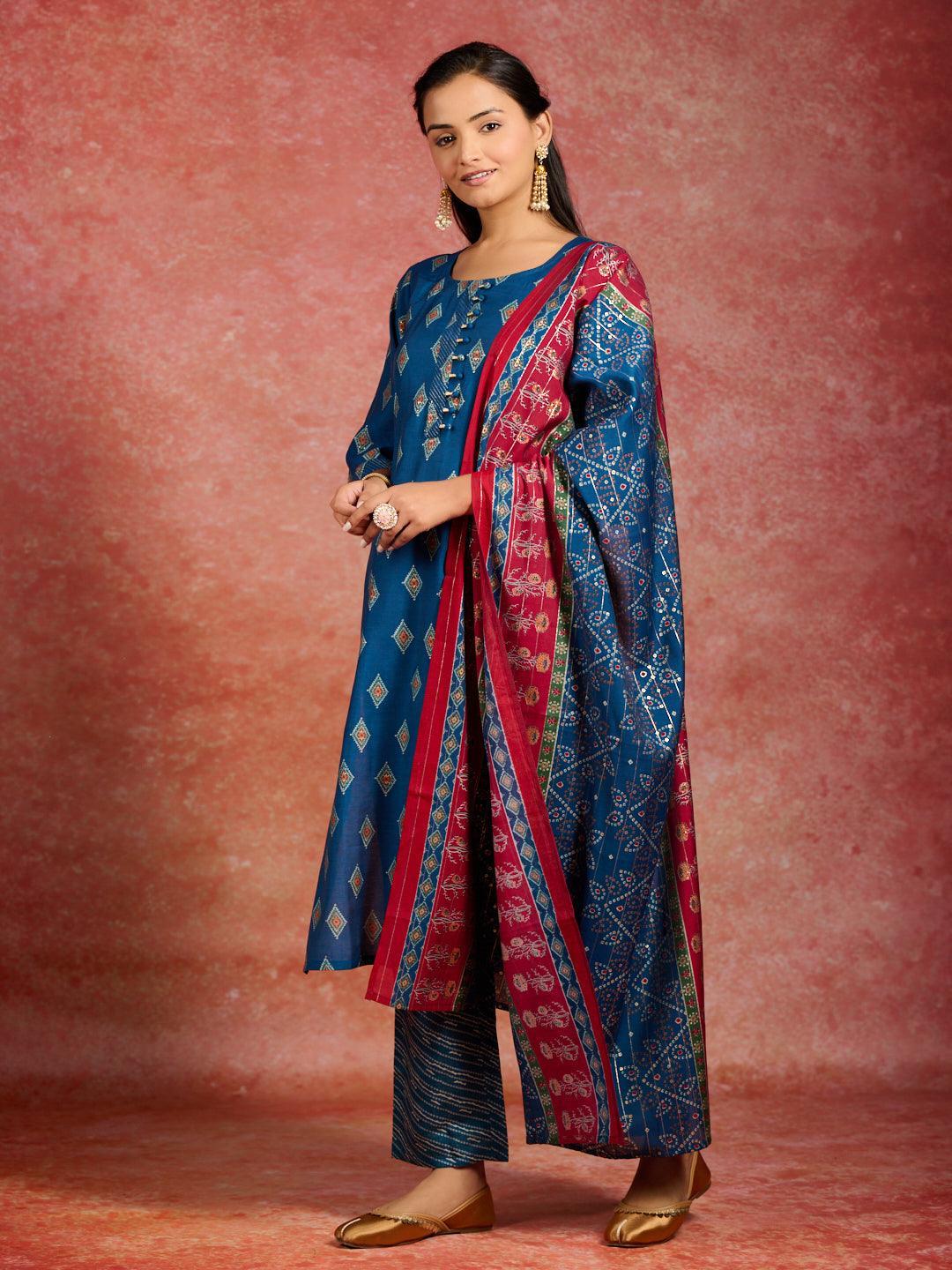 Blue Printed Silk Blend Straight Kurta With Trousers & Dupatta - ShopLibas