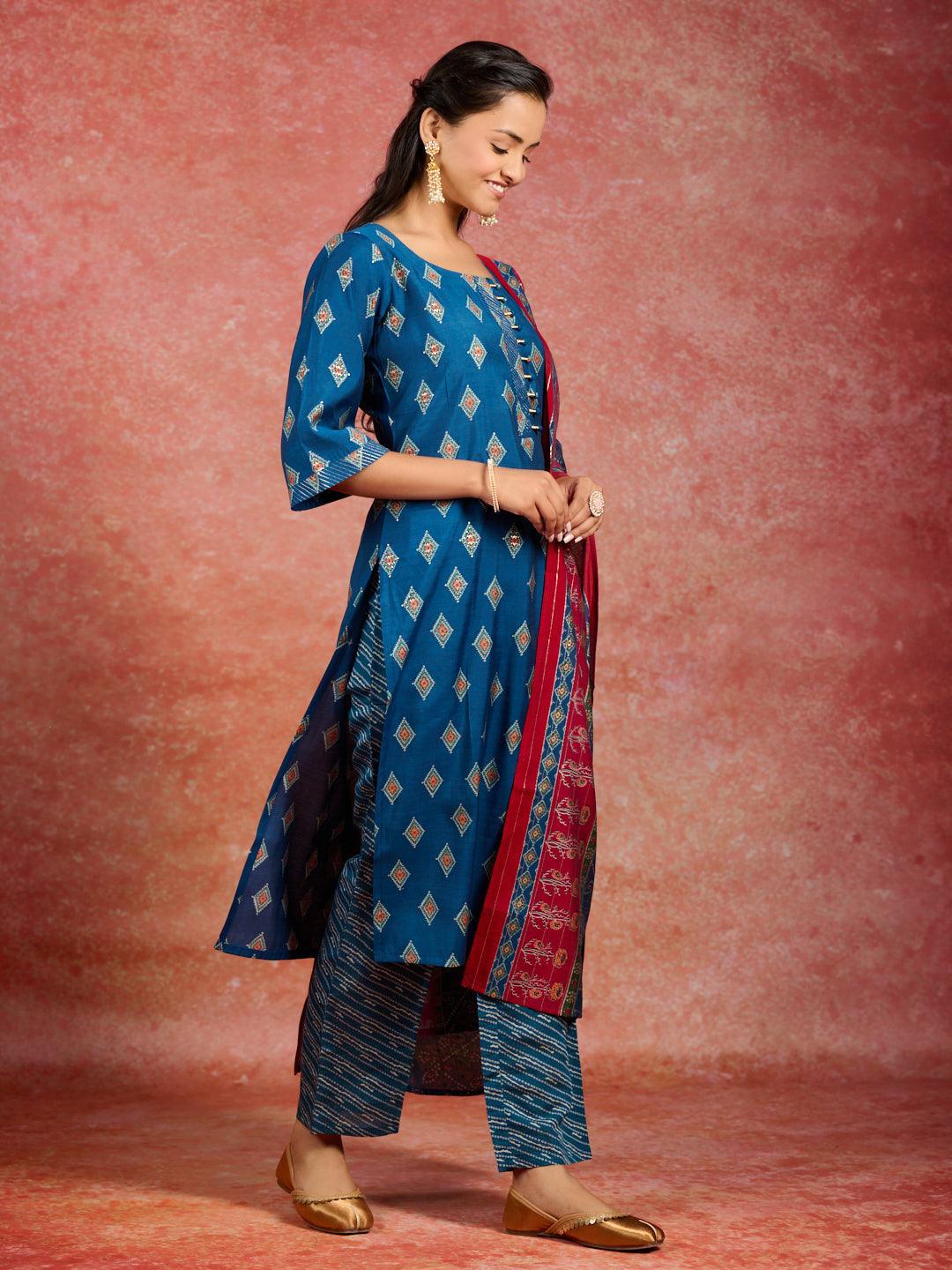 Blue Printed Silk Blend Straight Suit With Dupatta