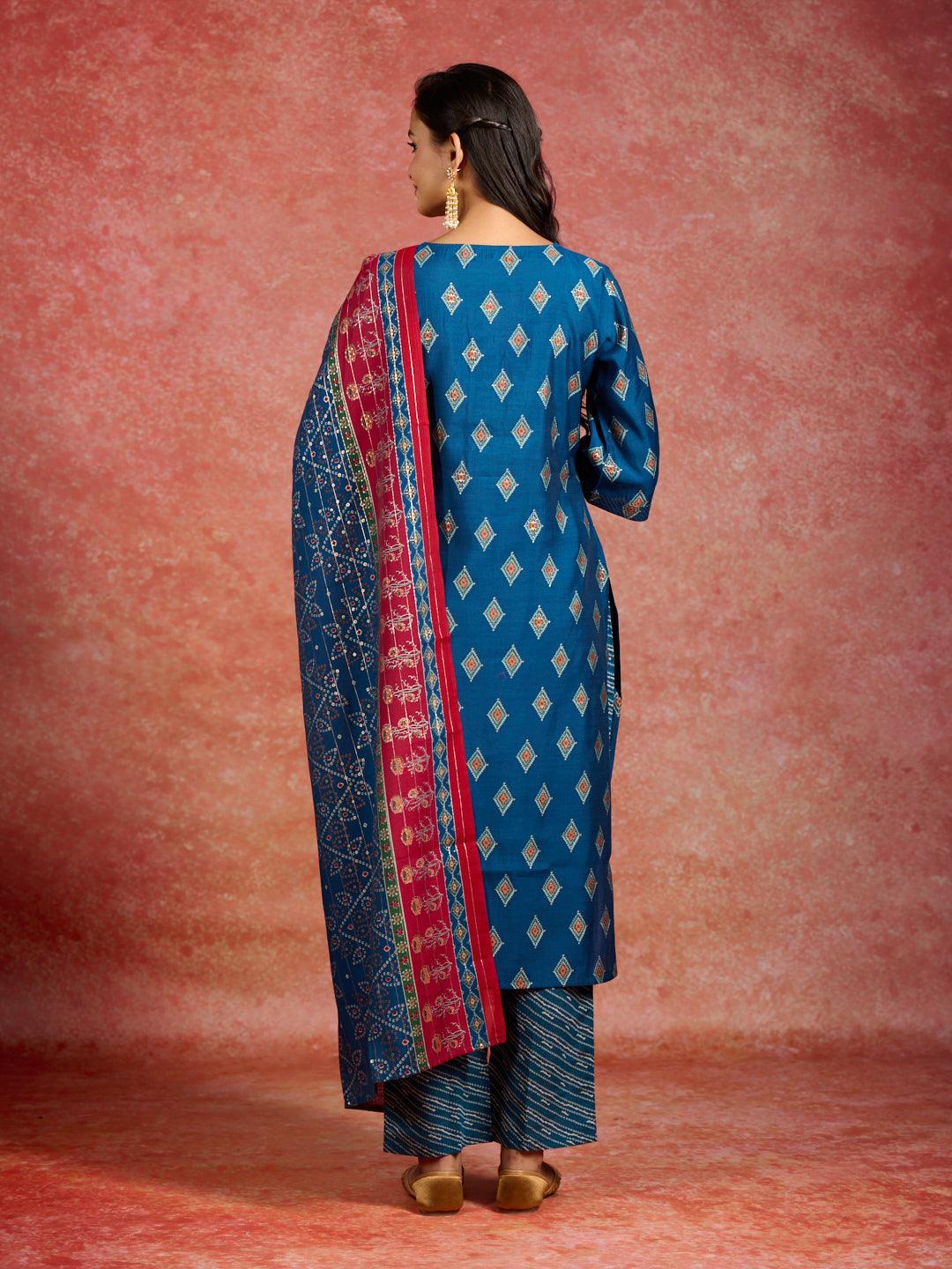 Blue Printed Silk Blend Straight Suit With Dupatta