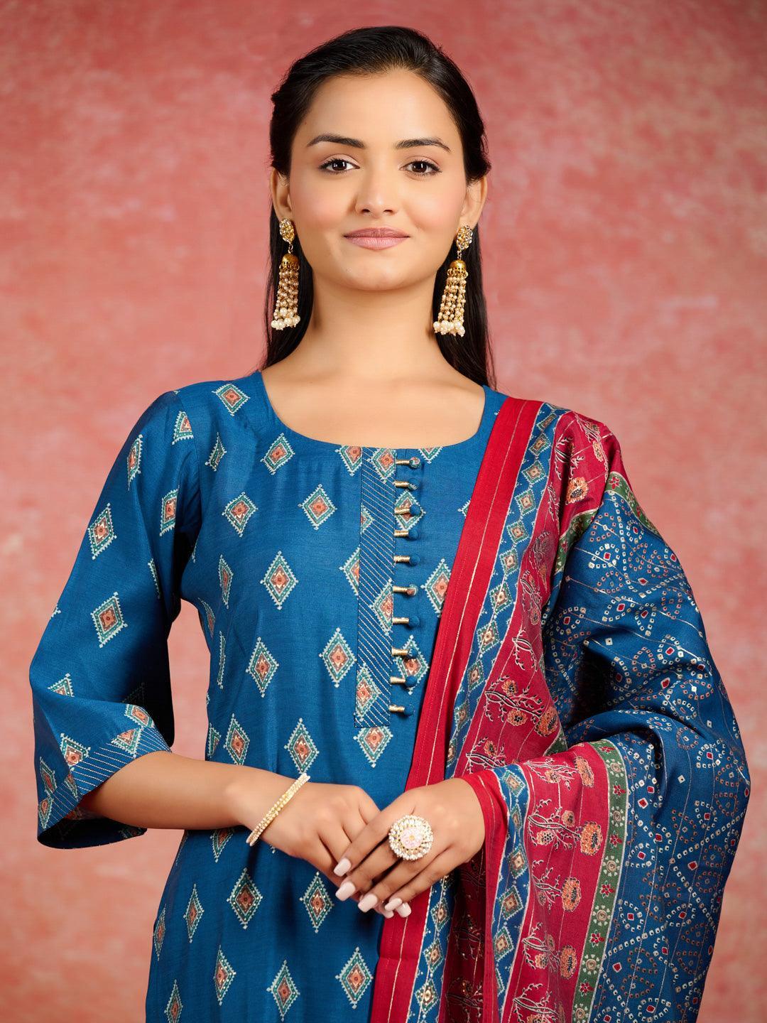 Blue Printed Silk Blend Straight Suit With Dupatta