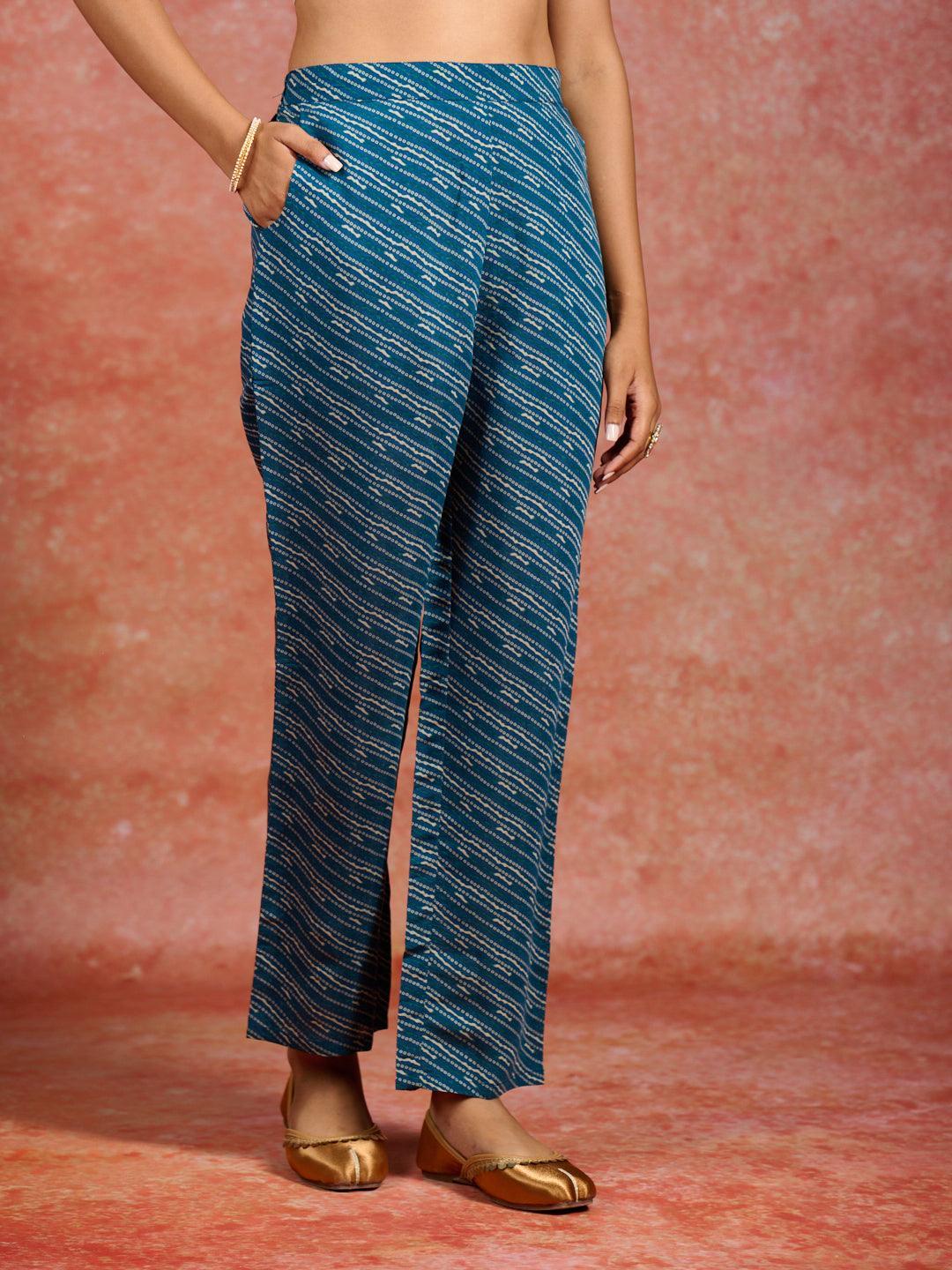 Blue Printed Silk Blend Straight Kurta With Trousers & Dupatta - ShopLibas