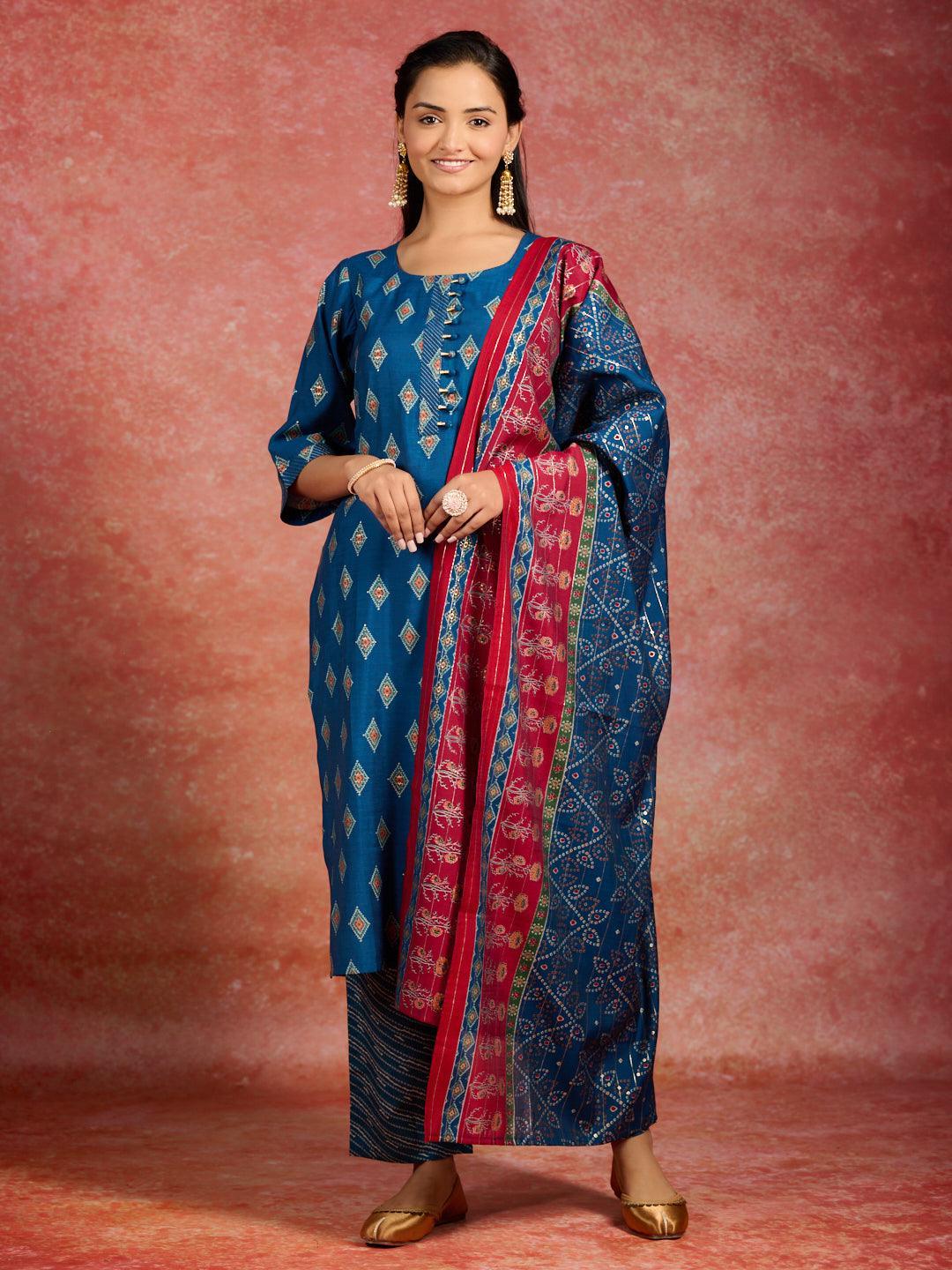 Blue Printed Silk Blend Straight Suit With Dupatta