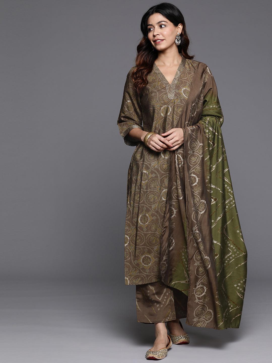 Olive Printed Silk Blend Straight Kurta With Trousers & Dupatta - ShopLibas