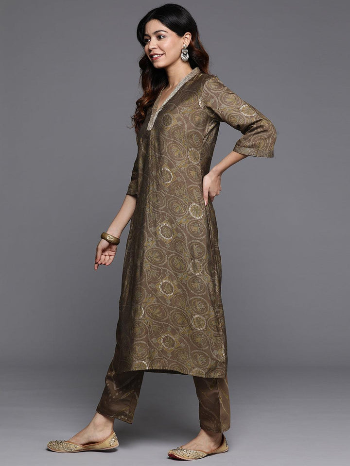 Olive Printed Silk Blend Straight Kurta With Trousers & Dupatta - ShopLibas