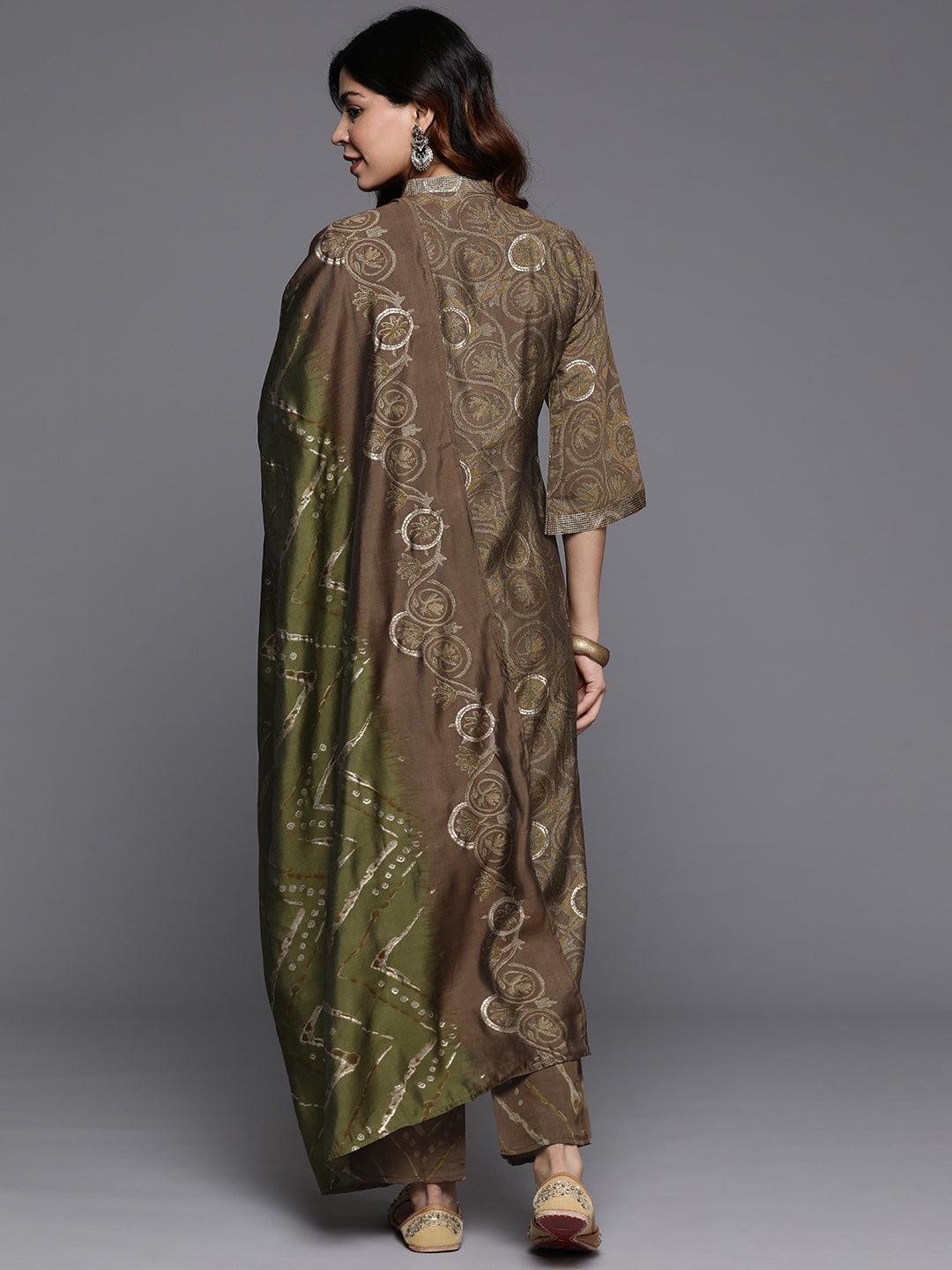 Olive Printed Silk Blend Straight Kurta With Trousers & Dupatta - ShopLibas