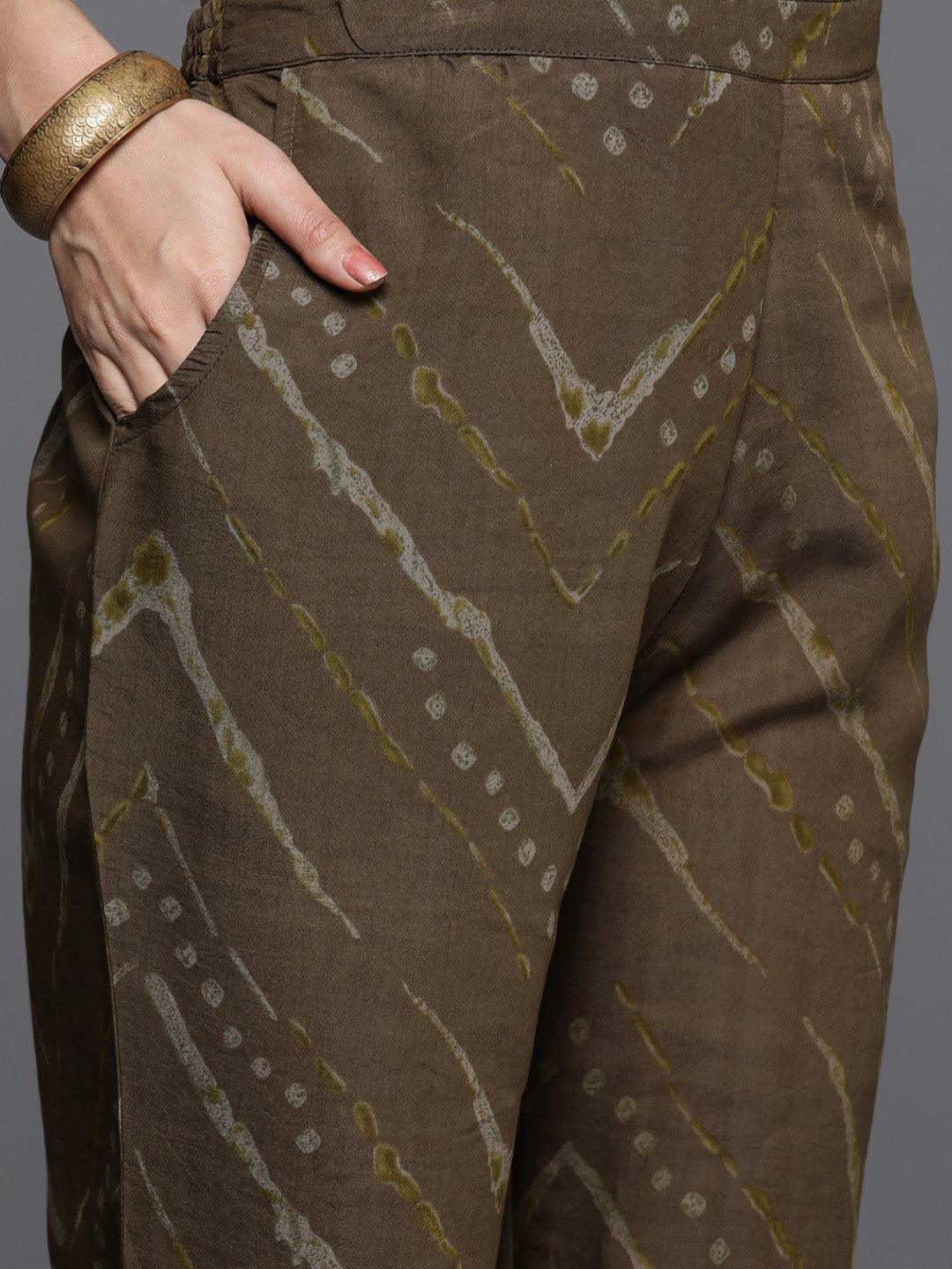 Olive Printed Silk Blend Straight Kurta With Trousers & Dupatta - ShopLibas