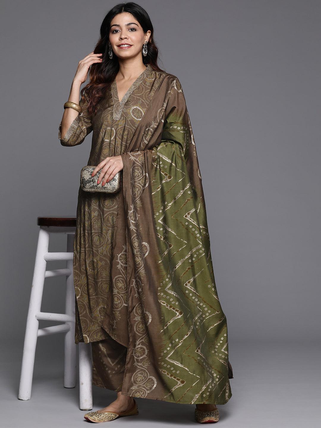 Olive Printed Silk Blend Straight Kurta With Trousers & Dupatta - ShopLibas