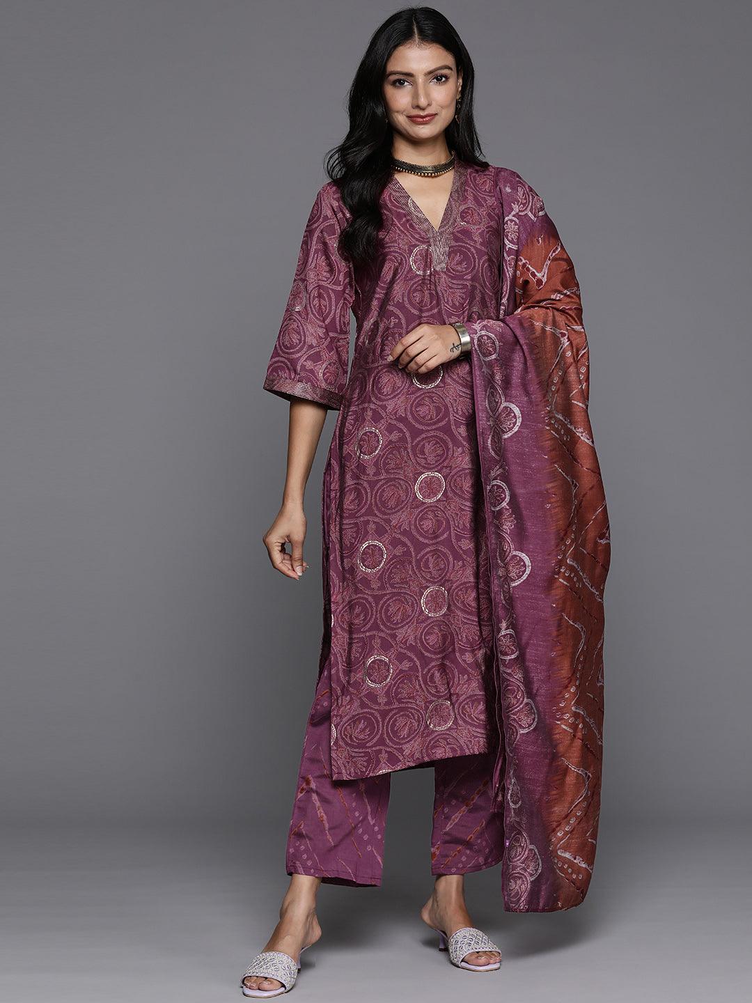 Mauve Printed Silk Blend Straight Kurta With Trousers & Dupatta - ShopLibas