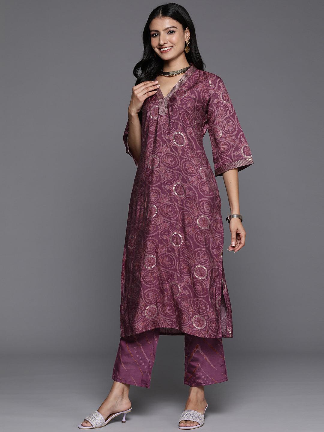 Mauve Printed Silk Blend Straight Kurta With Trousers & Dupatta - ShopLibas