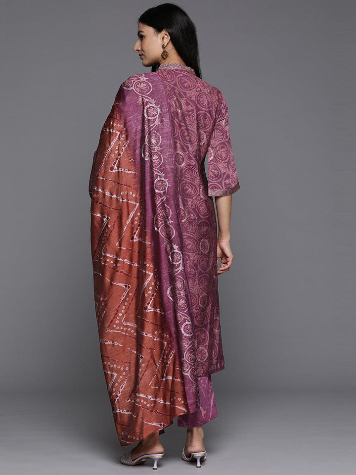 Mauve Printed Silk Blend Straight Kurta With Trousers & Dupatta - ShopLibas