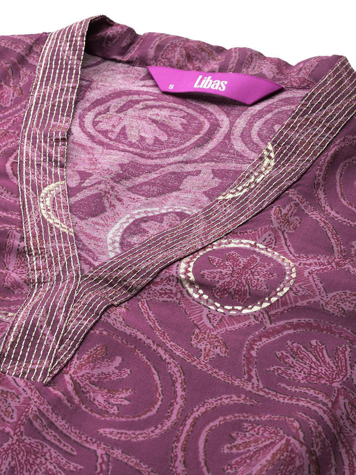 Mauve Printed Silk Blend Straight Kurta With Trousers & Dupatta - ShopLibas