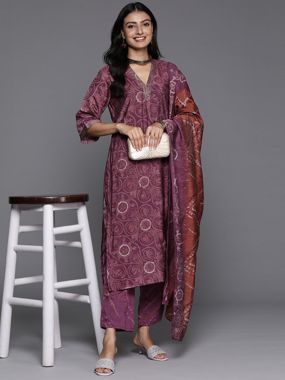 Mauve Printed Silk Blend Straight Kurta With Trousers & Dupatta - ShopLibas