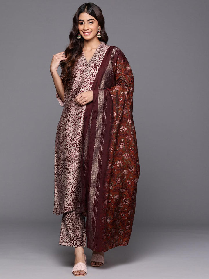 Maroon Printed Silk Blend Straight Kurta With Trousers & Dupatta - ShopLibas