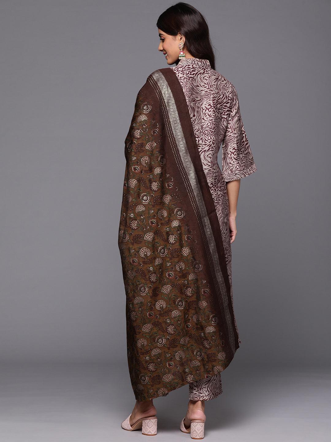 Maroon Printed Silk Blend Straight Kurta With Trousers & Dupatta - ShopLibas