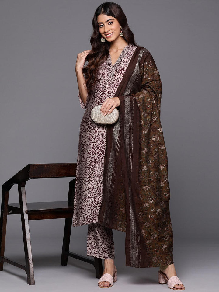 Maroon Printed Silk Blend Straight Kurta With Trousers & Dupatta - ShopLibas