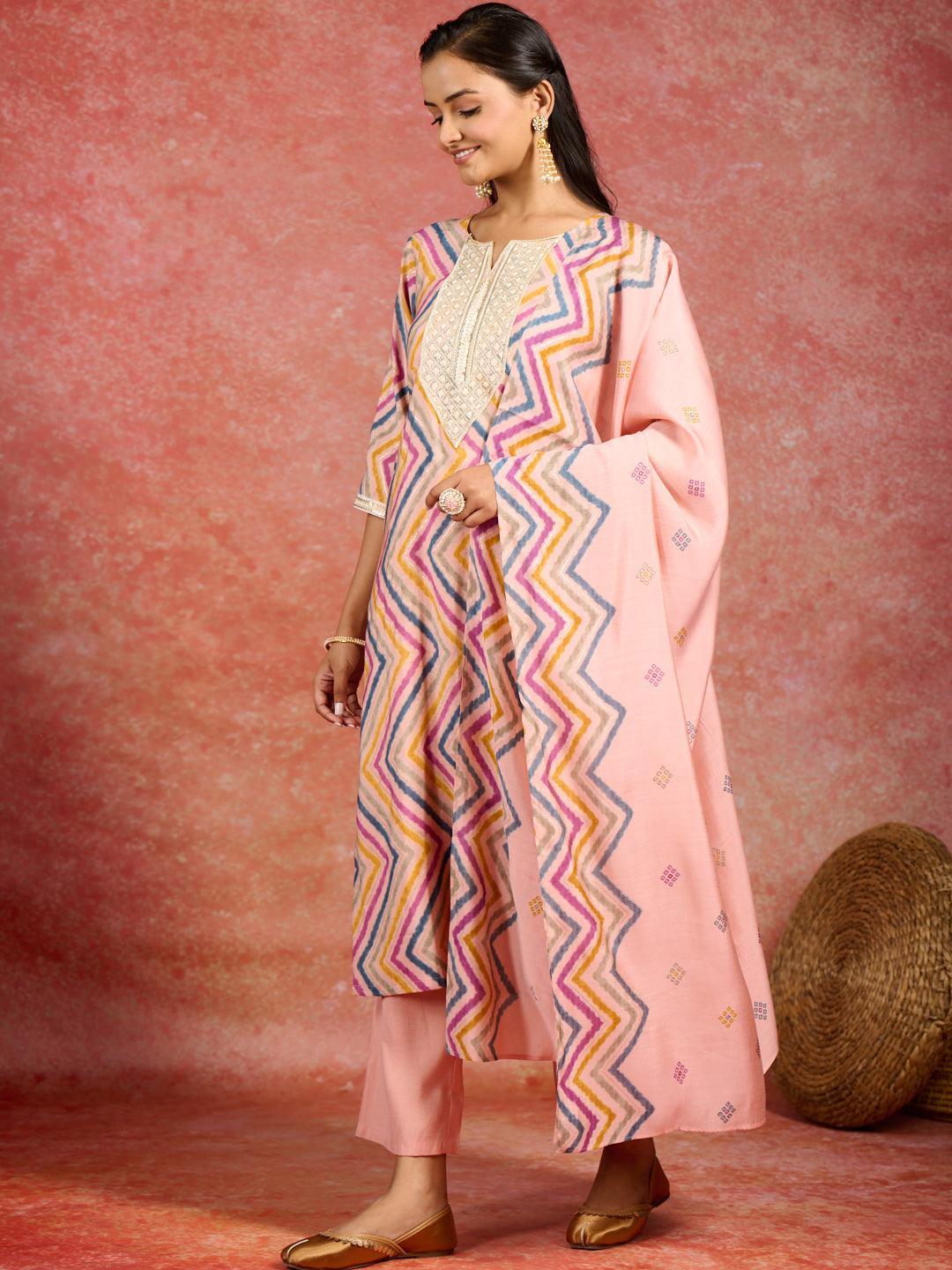 Peach Printed Silk Blend Straight Suit With Dupatta