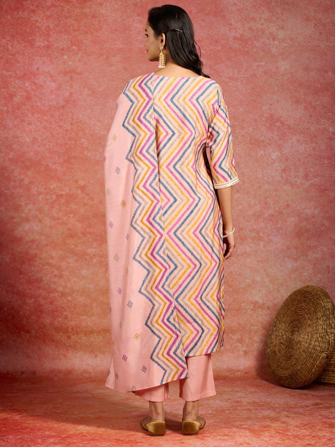 Peach Printed Silk Blend Straight Suit With Dupatta