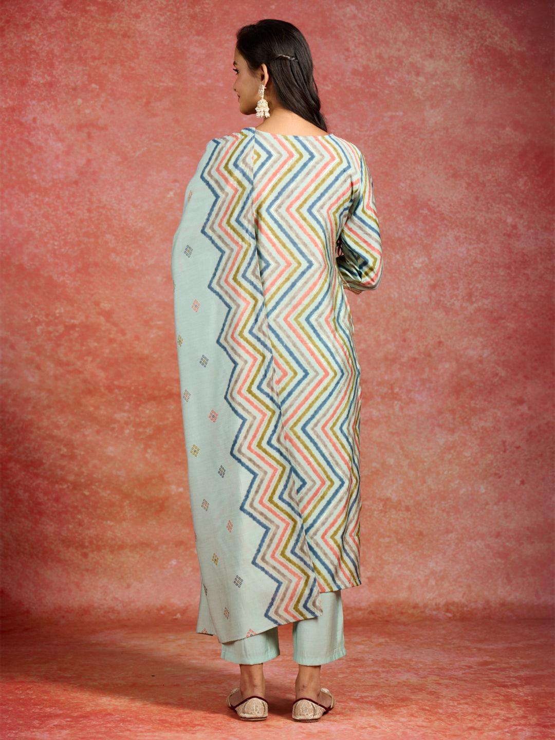 Blue Printed Silk Blend Straight Suit With Dupatta