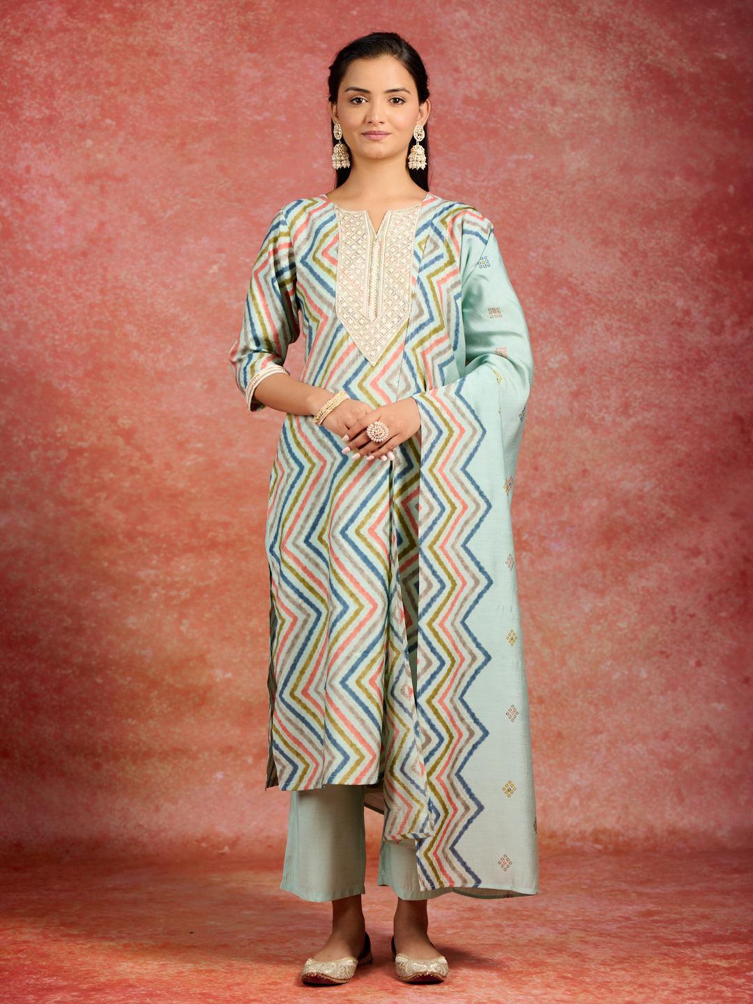 Blue Printed Silk Blend Straight Suit With Dupatta