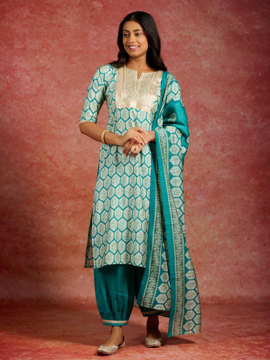 Blue Printed Silk Blend Straight Suit With Dupatta