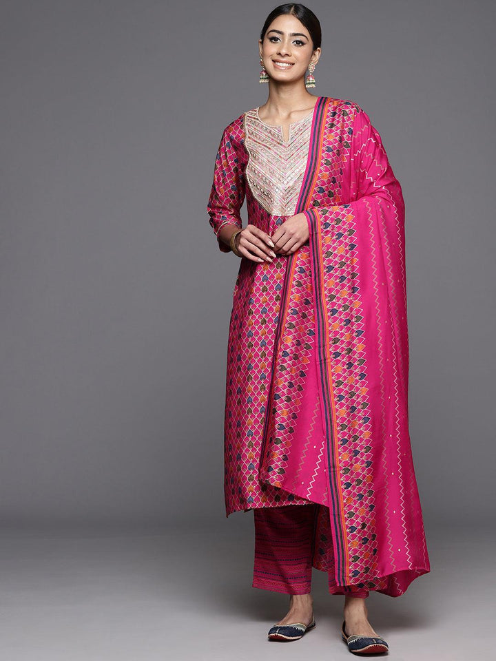 Pink Printed Silk Blend Straight Kurta With Trousers & Dupatta - ShopLibas