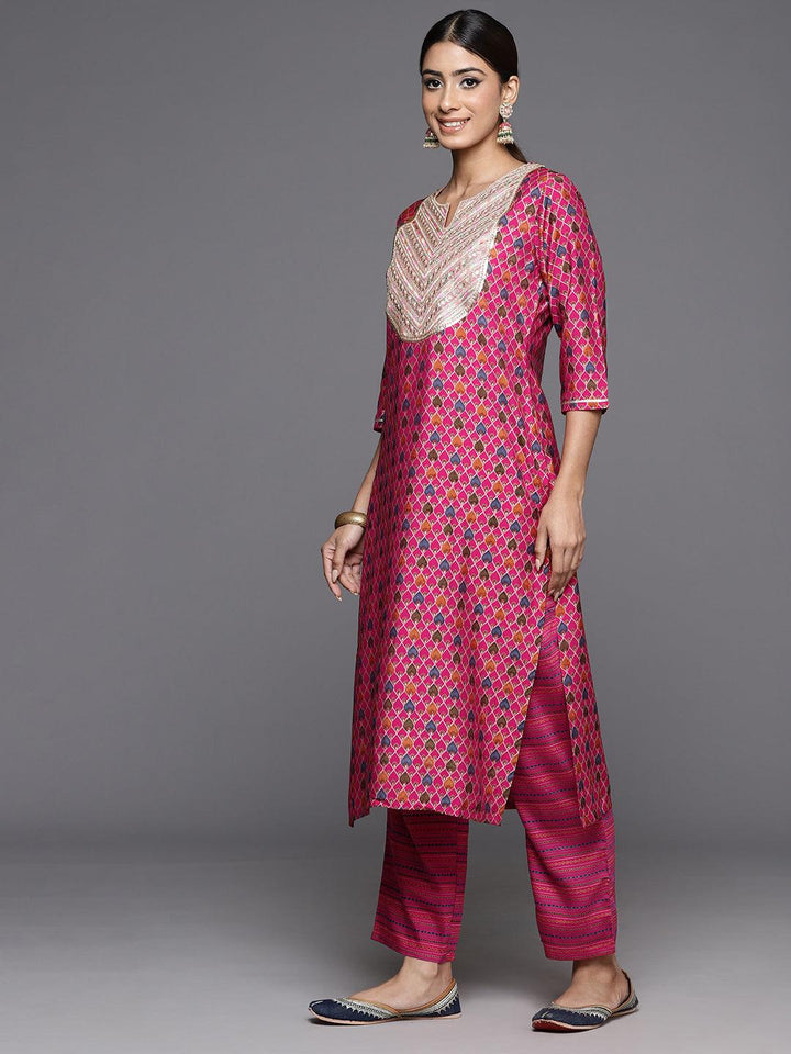 Pink Printed Silk Blend Straight Kurta With Trousers & Dupatta - ShopLibas