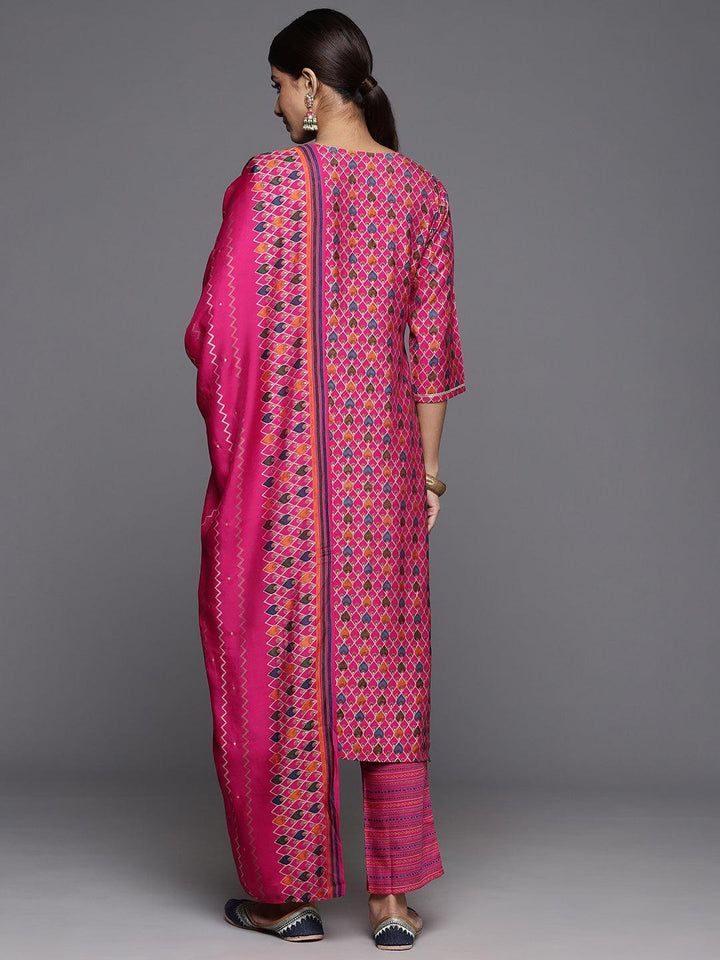 Pink Printed Silk Blend Straight Kurta With Trousers & Dupatta - ShopLibas