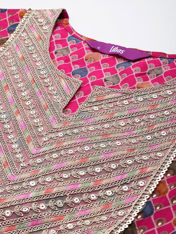 Pink Printed Silk Blend Straight Kurta With Trousers & Dupatta - ShopLibas