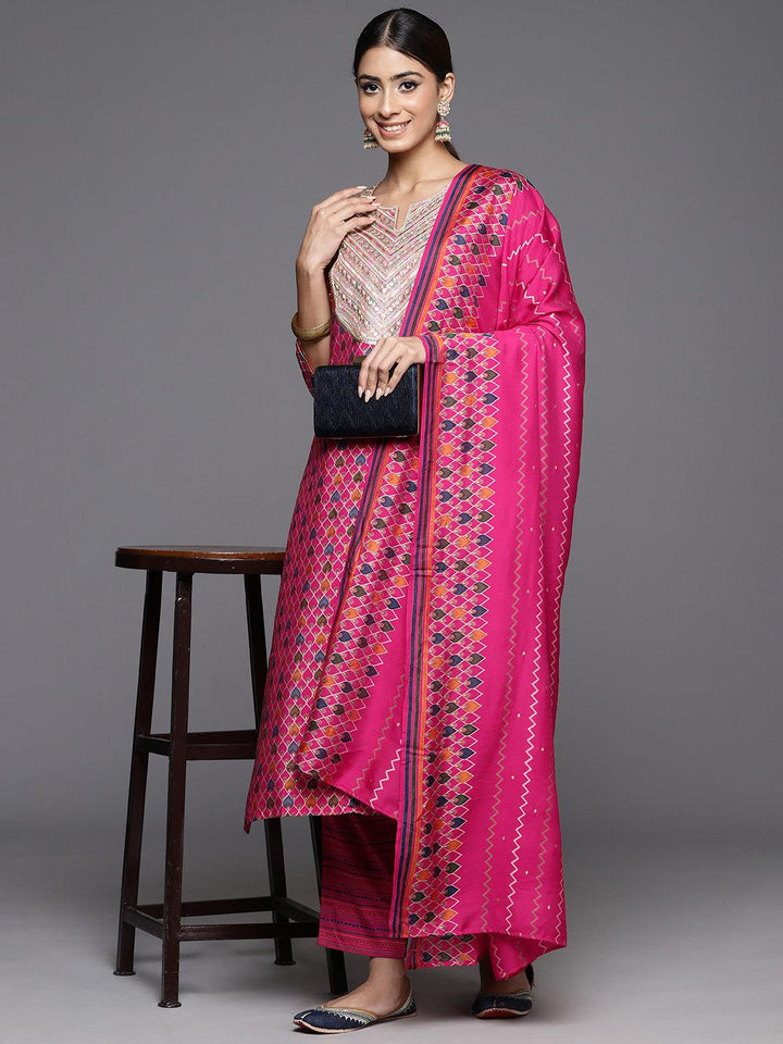 Pink Printed Silk Blend Straight Kurta With Trousers & Dupatta - ShopLibas