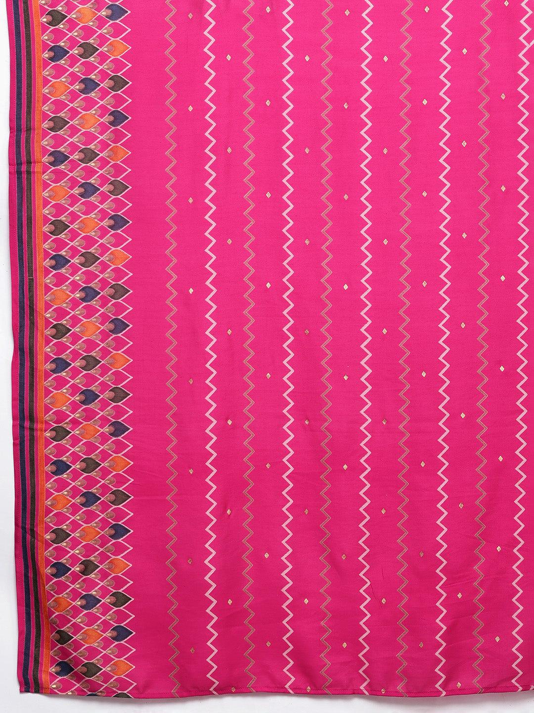 Pink Printed Silk Blend Straight Kurta With Trousers & Dupatta - ShopLibas