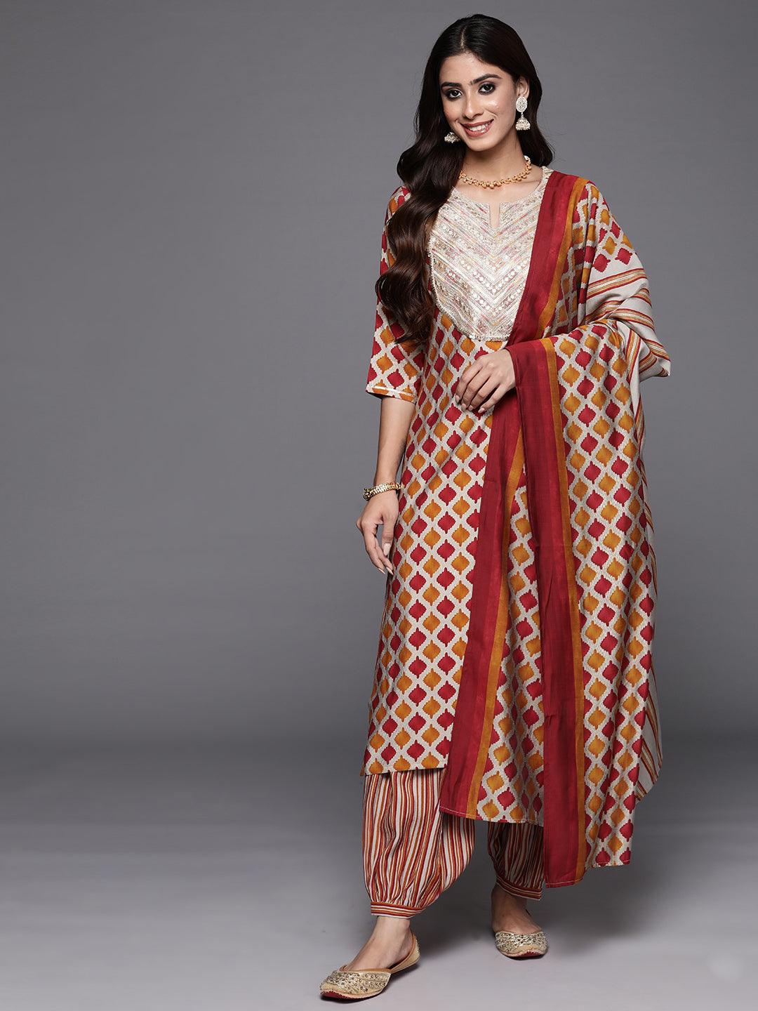 Multicoloured Printed Silk Blend Straight Suit With Dupatta