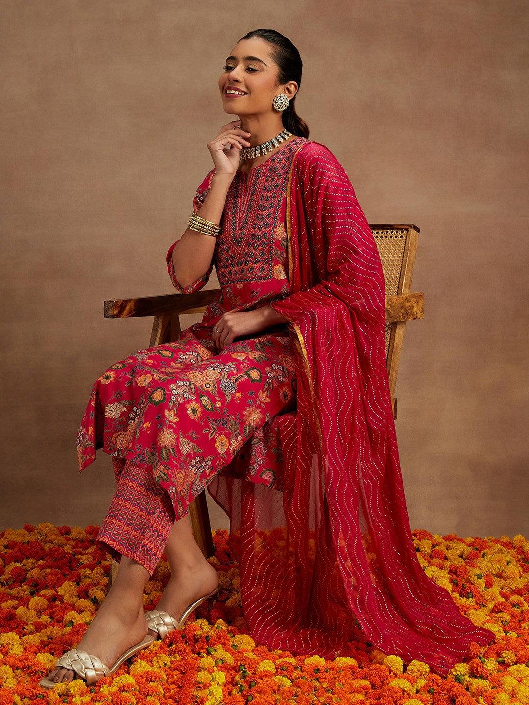 Pink Printed Silk Blend Straight Suit With Dupatta