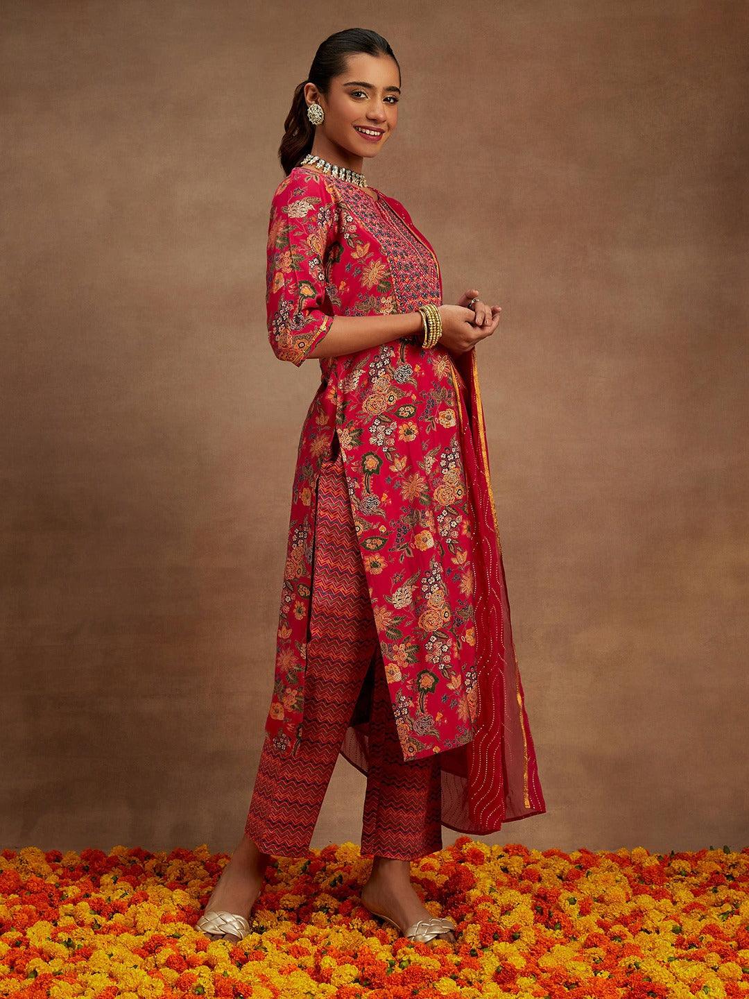 Pink Printed Silk Blend Straight Suit With Dupatta