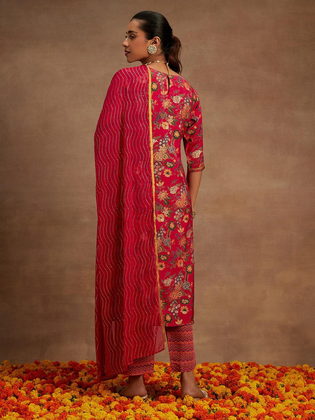 Pink Printed Silk Blend Straight Suit With Dupatta