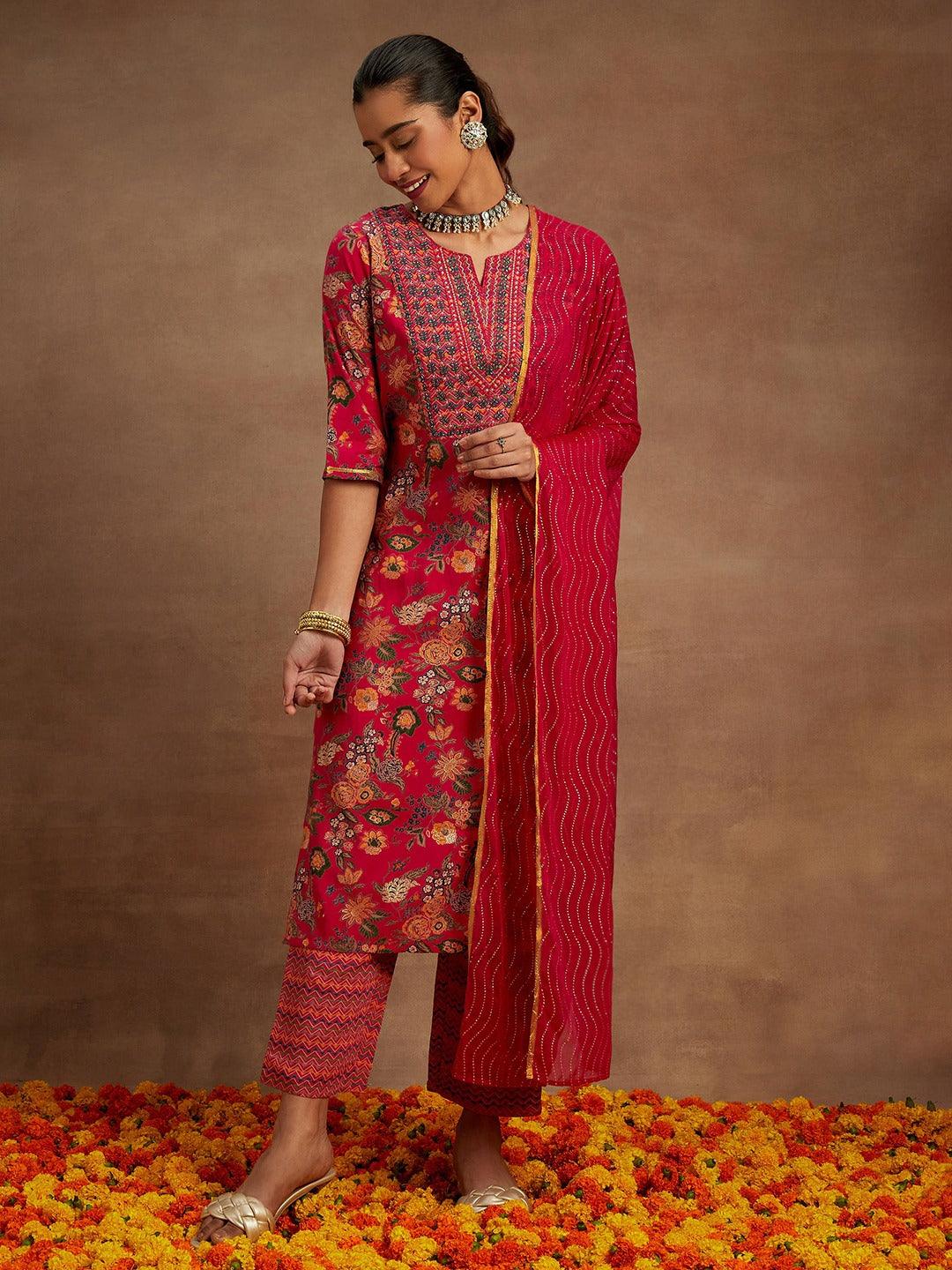 Pink Printed Silk Blend Straight Suit With Dupatta