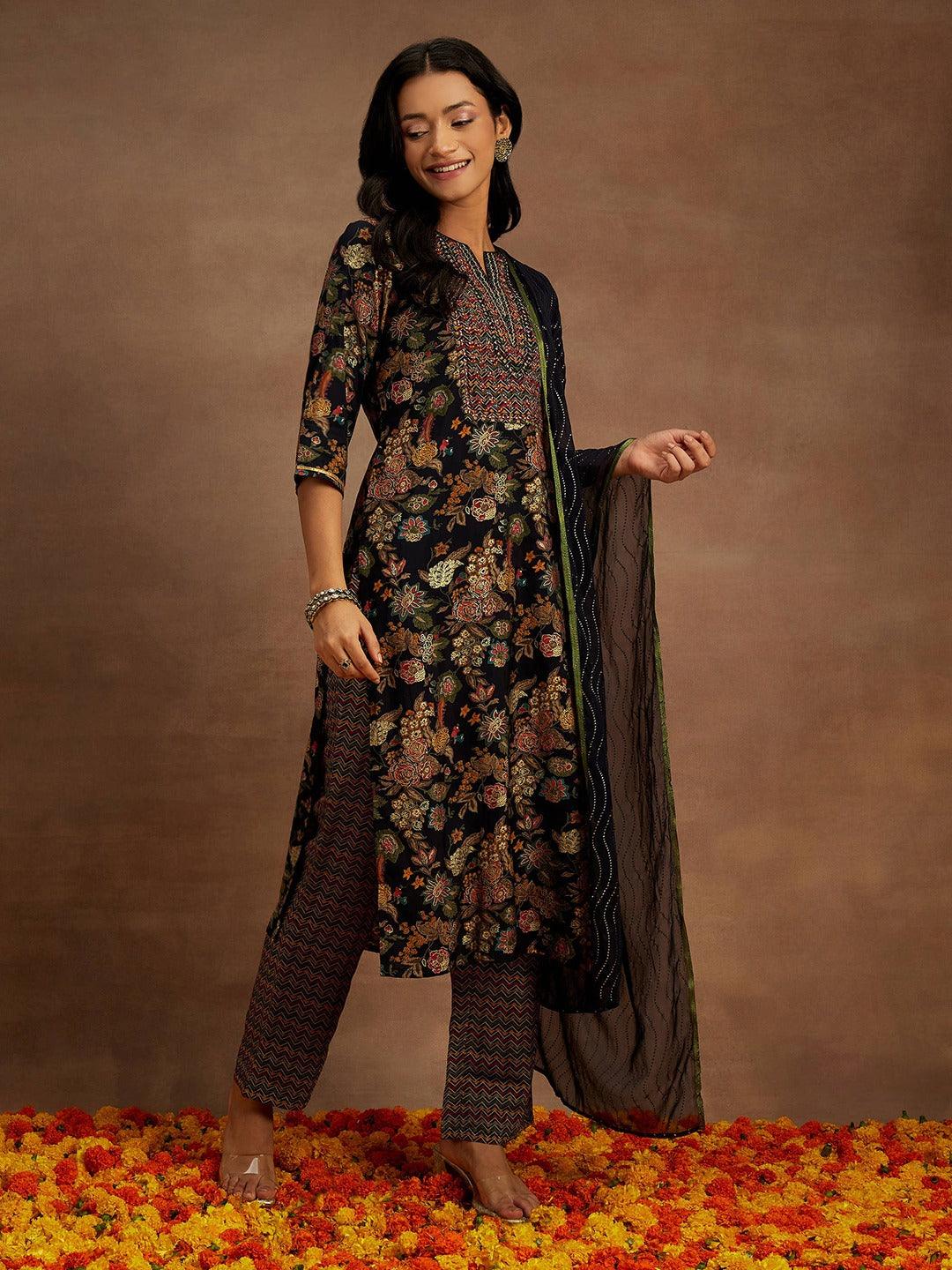 Blue Printed Silk Blend Straight Kurta With Trousers & Dupatta - ShopLibas