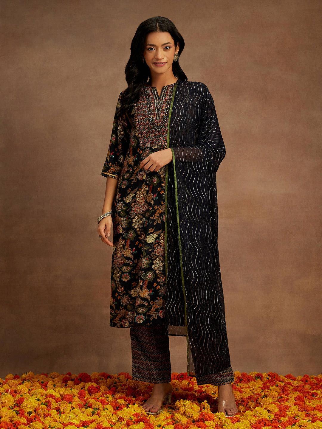 Blue Printed Silk Blend Straight Kurta With Trousers & Dupatta - ShopLibas