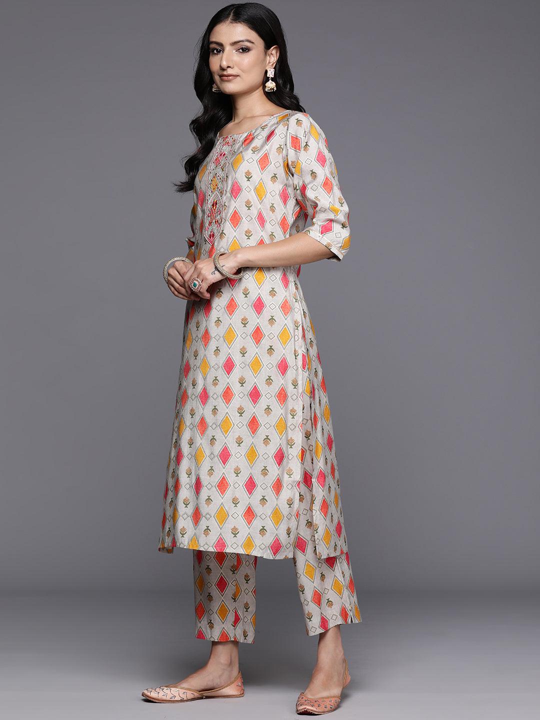 Multi Printed Silk Blend Straight Kurta With Trousers & Dupatta - ShopLibas