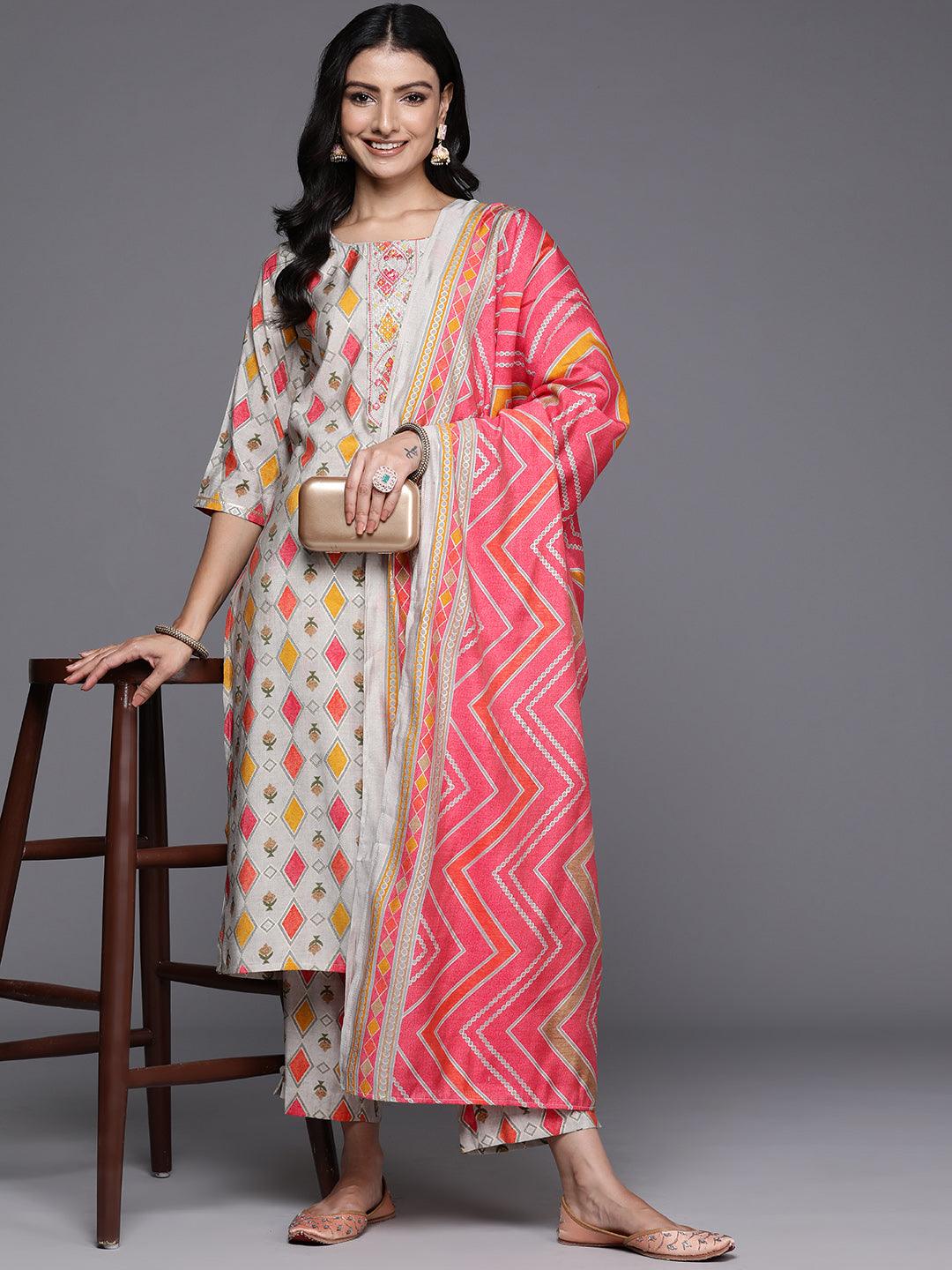 Multi Printed Silk Blend Straight Kurta With Trousers & Dupatta - ShopLibas