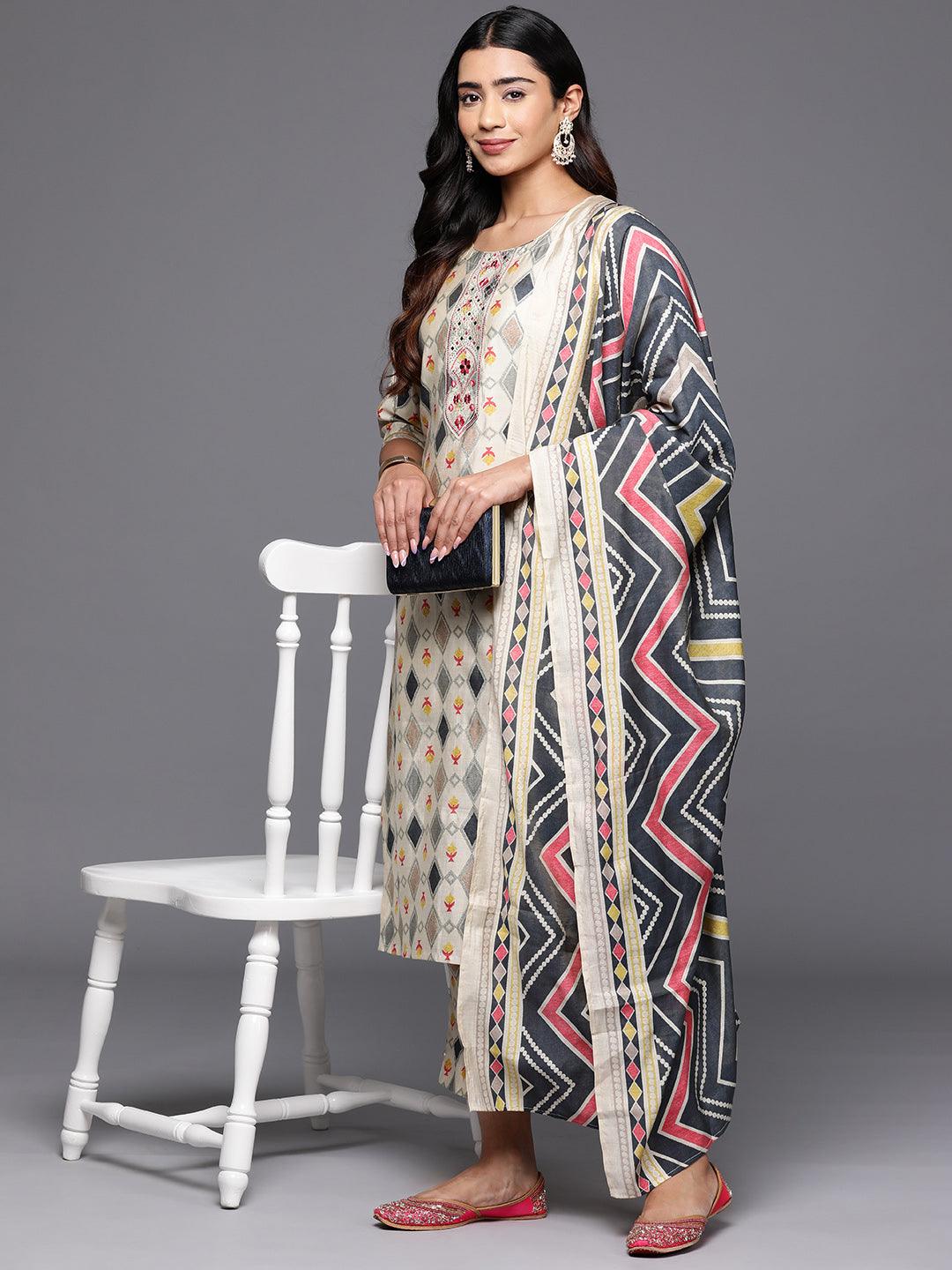 Multicoloured Printed Silk Blend Straight Suit With Dupatta