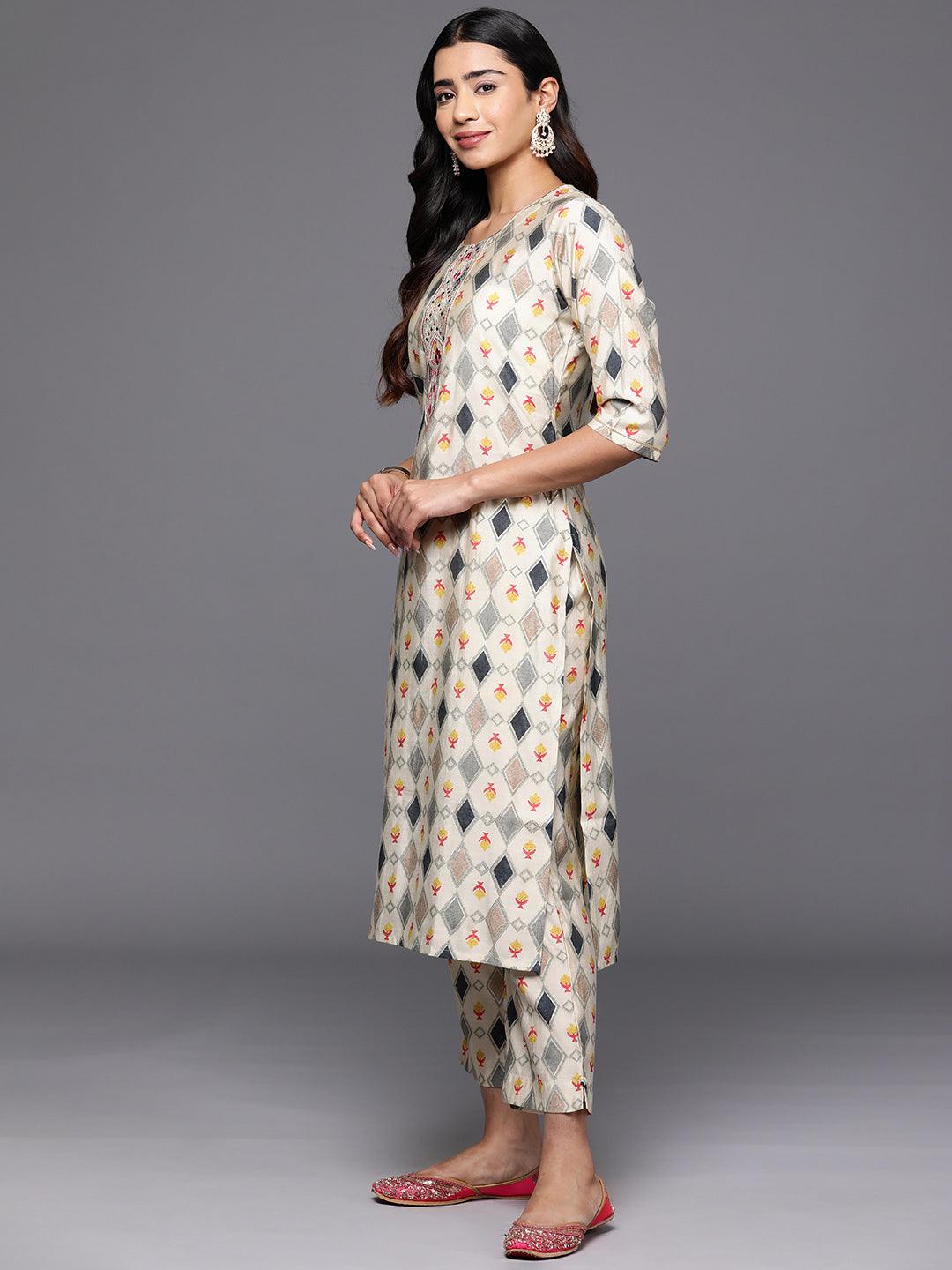 Multicoloured Printed Silk Blend Straight Suit With Dupatta